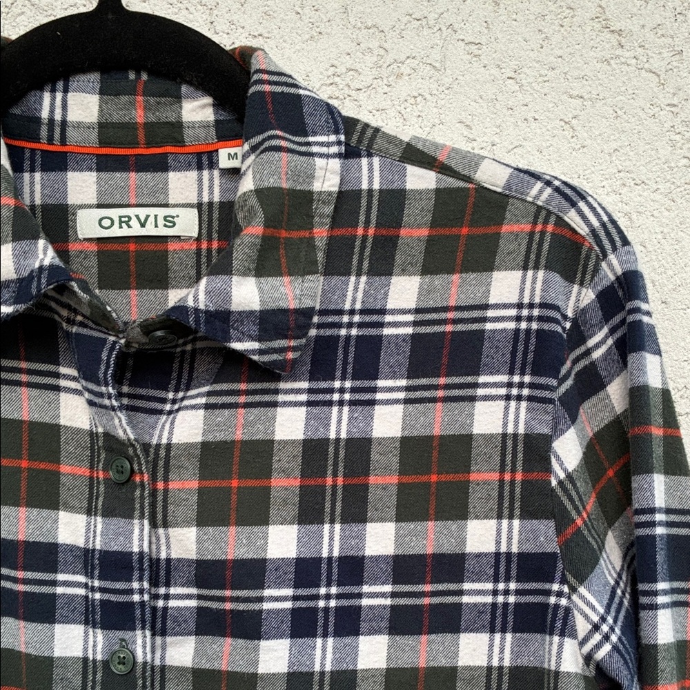 Orvis Flannel Plaid Button Down Shirt green blue white & orange